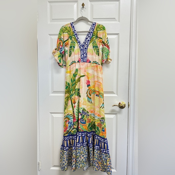 Rare‼️FARM Rio Tropical Print V-Neck Puff Sleeve Maxi Dress Fits Size XS or S - Picture 3 of 16